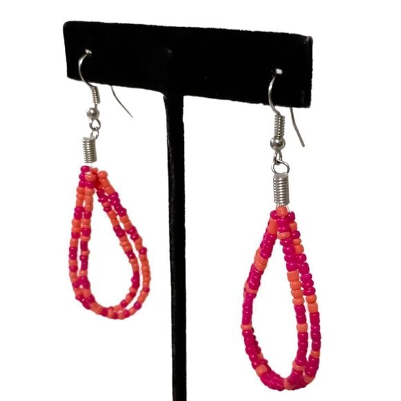 Seed Bead TearDrop Earrings Pink Coral Silver Tone Summer Festival Dangle Spring - Picture 13 of 16